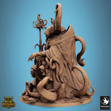 Side profile of The Bell Warden miniature showing horn details and chained bell accessories.