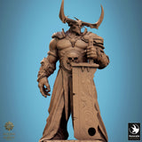 Close-up perspective of The Butcher sword fighter miniature highlighting the horned head, armor textures, and ornate sword.