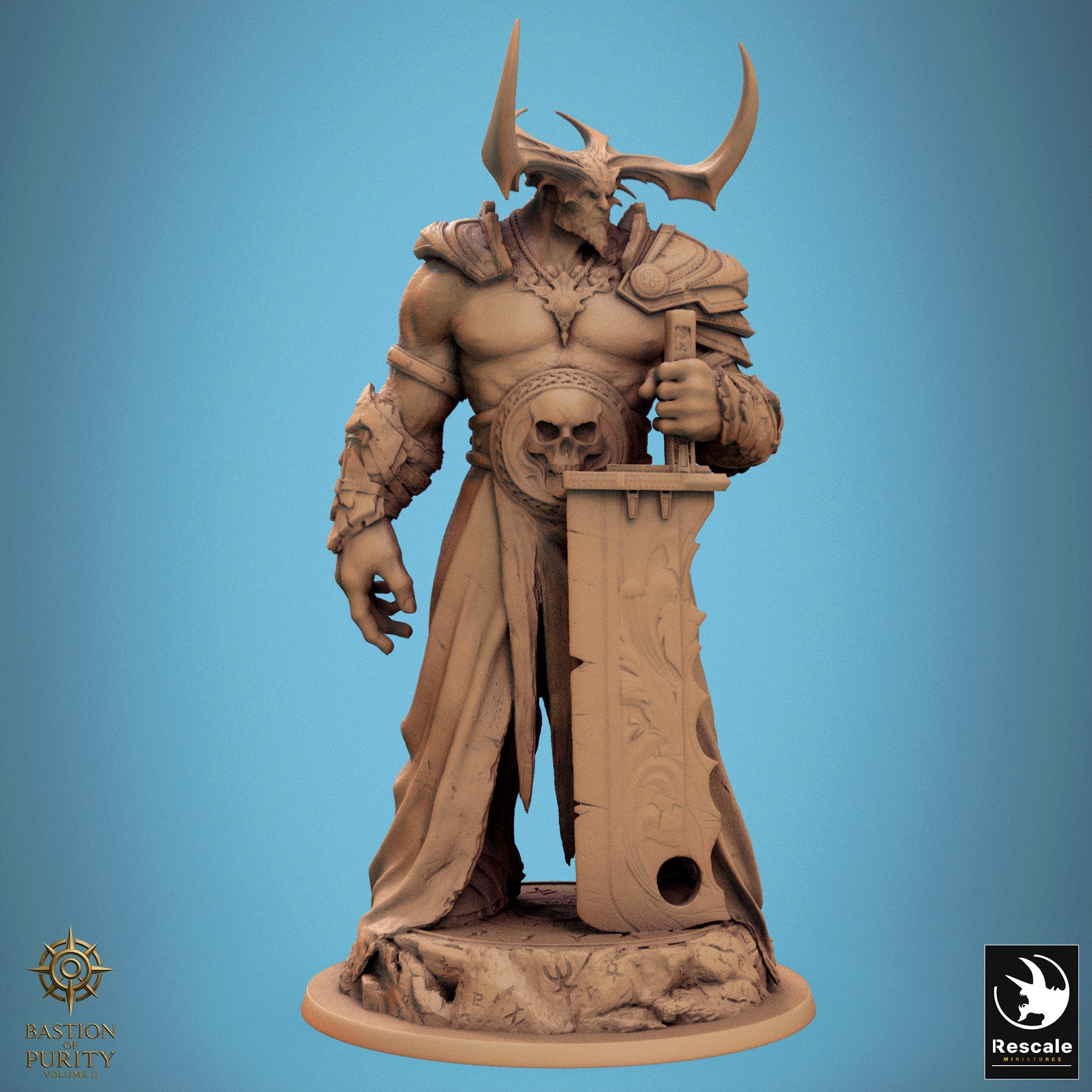 Statue of a muscular figure with armor and a weapon on a blue background