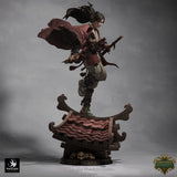 Full figure of Shizuka Shadow Ronin standing on a detailed roof tile base with skull accents