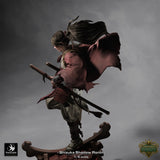 Side profile view of Shizuka Shadow Ronin 1/6 scale resin figure with dynamic flowing cloak