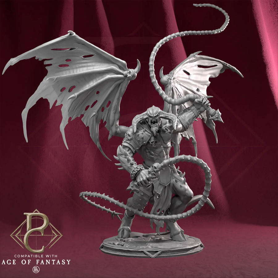 Resin 3D-printed War Prince miniature with large wings and dual whips, front view on textured base.