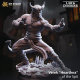 Unpainted gray resin 3D-printed Tiefling Monk miniature in a martial arts combat pose on a rocky base.