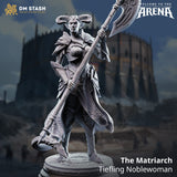 3D-gedruckte Resin Miniatur einer Tiefling Adligen mit großer Axt auf einem runden, verzierten Sockel