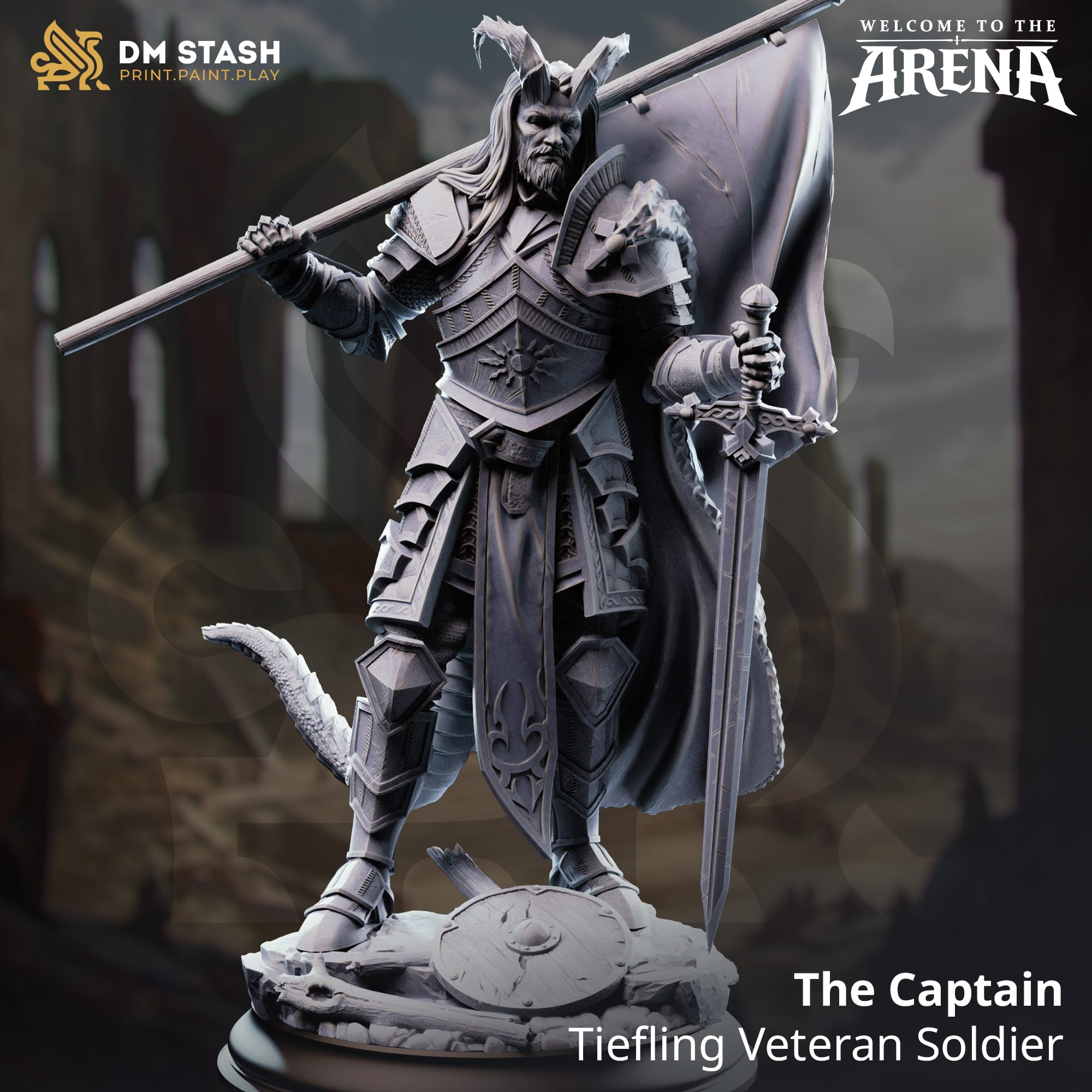 Fantasy Tiefling Soldier miniature from Qumi, tabletop figure of the Captain in 32mm and 75mm sizes for wargaming and RPGs.