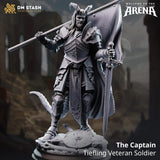 3D-gedruckte Tiefling Captain Soldat Miniatur aus grauem Resin mit Flagge, Schwert und Rüstung auf einem Rundbase.