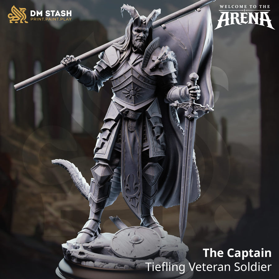 3D-gedruckte Tiefling Captain Soldat Miniatur aus grauem Resin mit Flagge, Schwert und Rüstung auf einem Rundbase.