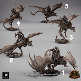 Five different perspective angles of the 3D-printed wyvern rider miniature labeled one through five