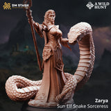 Zarya Sun Elf Snake Sorceress miniature holding a staff with a large coiled snake in high-quality resin