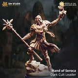 Hand of Seroca cult leader resin miniature holding a magical staff and glowing orb in a dynamic pose.