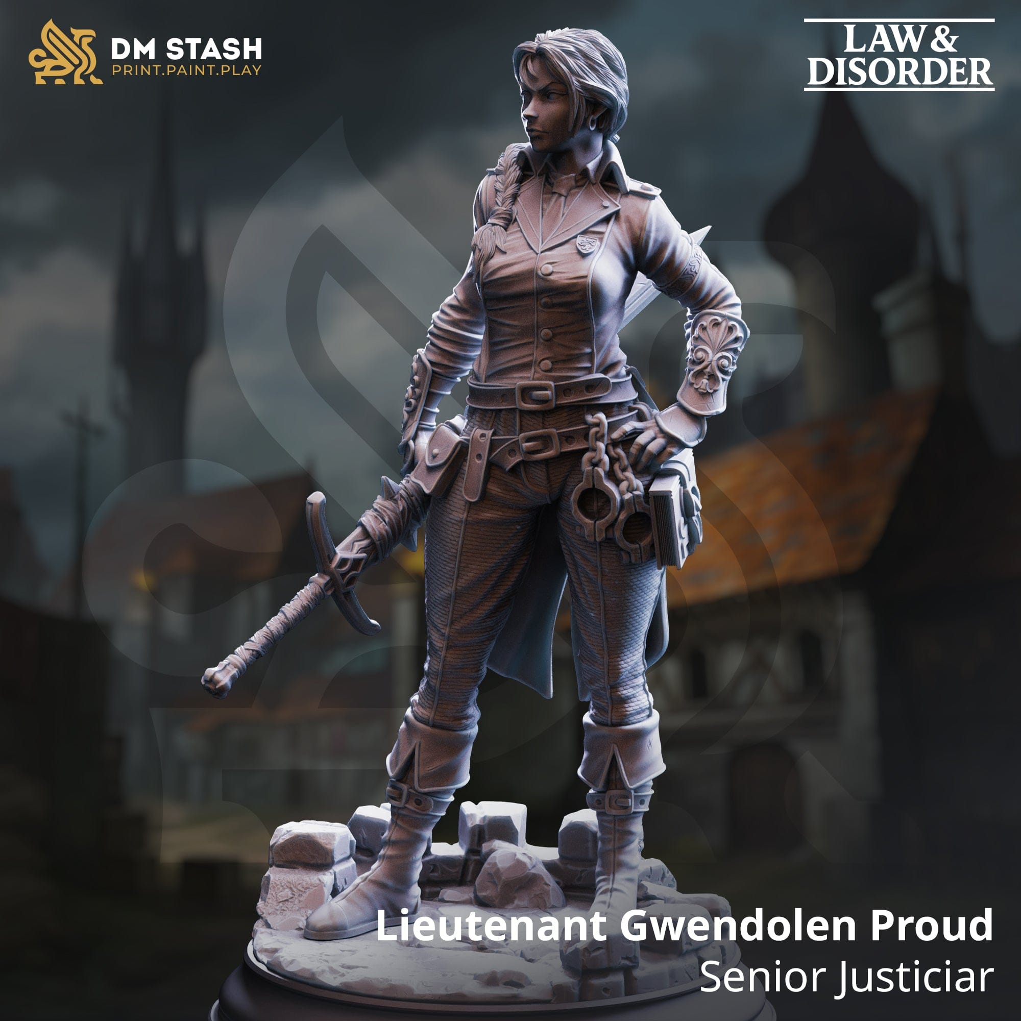 Female Lieutenant miniature Gwendole, 32mm and 75mm sizes, by Qumi, for tabletop wargaming and RPG scenarios.