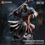 Resin miniature of a heavily armored warrior holding a large hammer, posed in a dynamic combat stance on a rocky base.