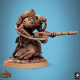 Side profile of the rat-like creature aiming its sci-fi weapon forward.