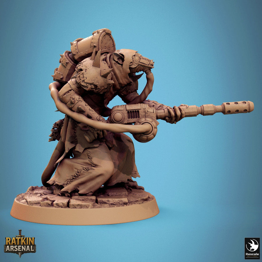 Side profile of the rat-like creature aiming its sci-fi weapon forward.