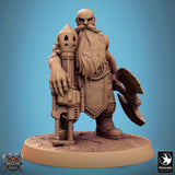 Dwarf warrior carrying a heavy weapon on his shoulder, side view.