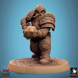 Dwarf warrior with a helmet and axe, front view on a circular base.