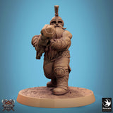 Dwarf warrior in armor holding a large axe, front view.