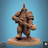 Bare-headed dwarf warrior holding a large axe, front view.