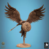 Flying pose of the winged spear fighter miniature on a clear support rod