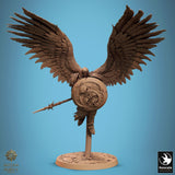 Close up front view of the winged spear fighter miniature in a dynamic flight pose
