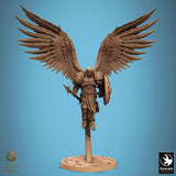 Front view of a winged armored warrior miniature holding a spear and shield on a round base.