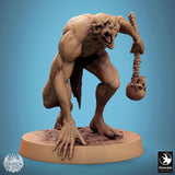 Side profile of a hunched ghoul monster holding a bone weapon, detailed skin texture.