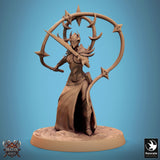 Fantasy sword fighter model posed with a circular weapon frame behind her