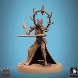 Velatrix miniature in a defensive stance holding a spiked shield and curved blade, side view.