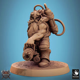 Front view of a floating steampunk dwarf pointing a pistol forward.