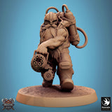 Floating steampunk dwarf with a pistol, seen from a high angle.