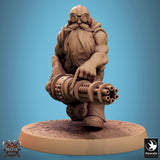 Three-quarter view of a hovering steampunk dwarf with a pistol.