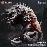 Nogoron Blighted Giant Boar 3D-printed resin miniature on a stone base, side profile view with skulls and tusks