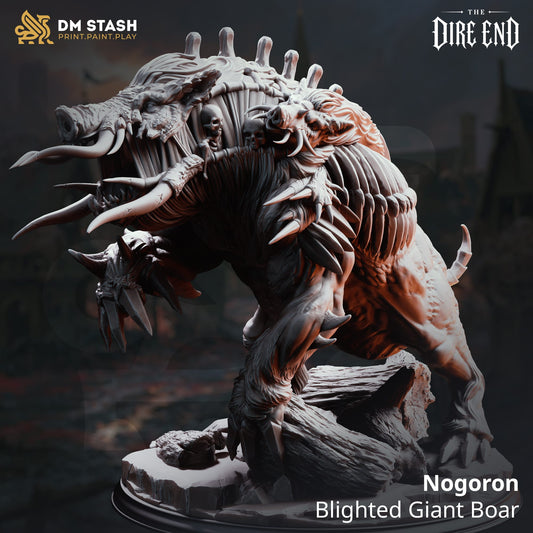 Nogoron Blighted Giant Boar 3D-printed resin miniature on a stone base, side profile view with skulls and tusks