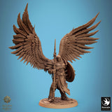 Three-quarter view of the armored winged miniature in a dynamic combat pose with spear and shield.