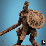 Close-up of a leonin warrior miniature showing armored details and a battle-ready pose