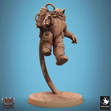 Full body view of a steampunk dwarf aiming a pistol, hovering on a stand.