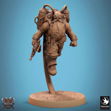 Standing steampunk dwarf holding a mechanical sword, side view.