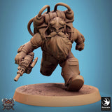 Front view of a standing steampunk dwarf wielding a large mechanical sword.