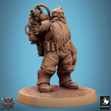 Three-quarter view of a standing steampunk dwarf holding a mechanical sword.
