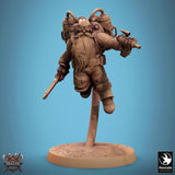 Standing steampunk dwarf with sword, seen from a high angle.