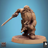 Full body standing steampunk dwarf with sword, side profile.