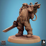 Standing steampunk dwarf aiming a pistol and holding a sword.