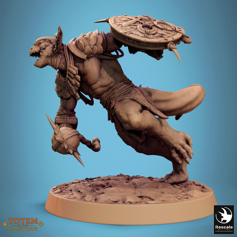 Dynamic action pose of a lizardman warrior miniature running forward with mace and shield