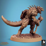 Side profile of an armored lizardman fighter miniature holding a mace and shield on a rocky base