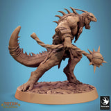 Lizardman warrior wielding a spiked mace, side profile, featuring scaled skin and tail.