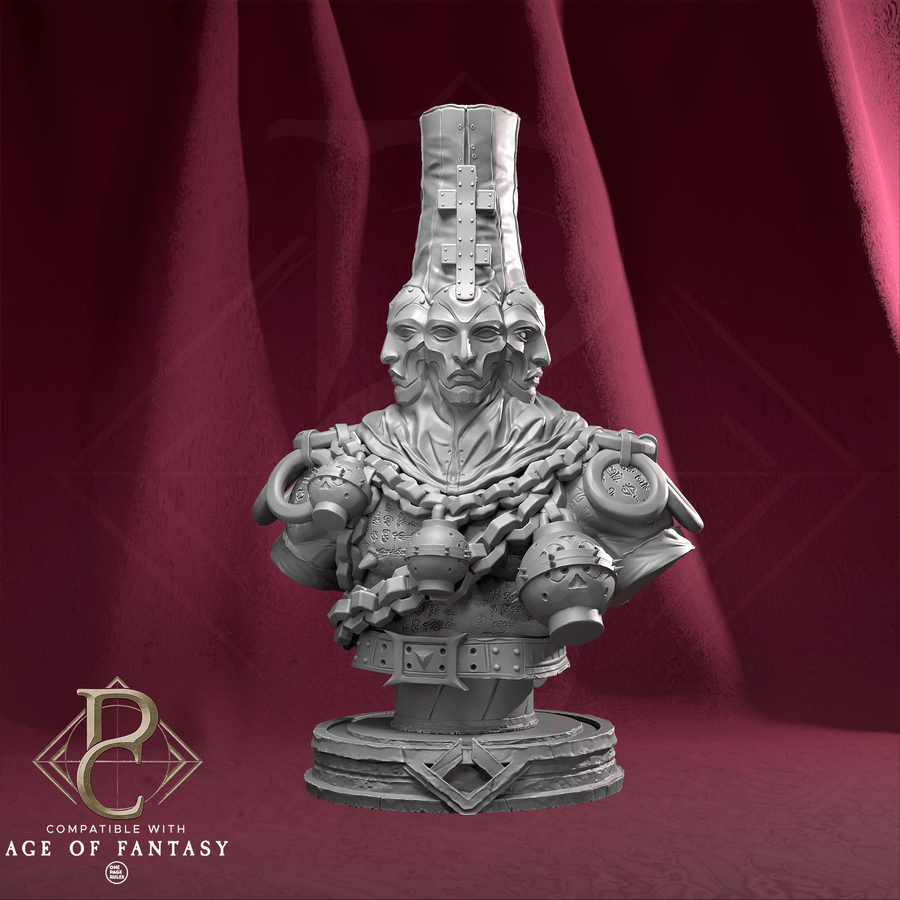 Unpainted High Prophet Karhardas resin bust front view showing multiple faces and chain details