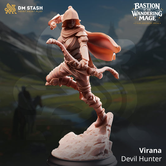 Tabletop Devil Hunter miniature Virana, 32mm and 75mm scale, by Quality Miniatures for wargaming and RPGs.