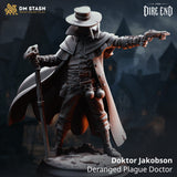3D-printed resin miniature of a plague doctor holding a pistol and a skull-topped staff, standing on a detailed stone base