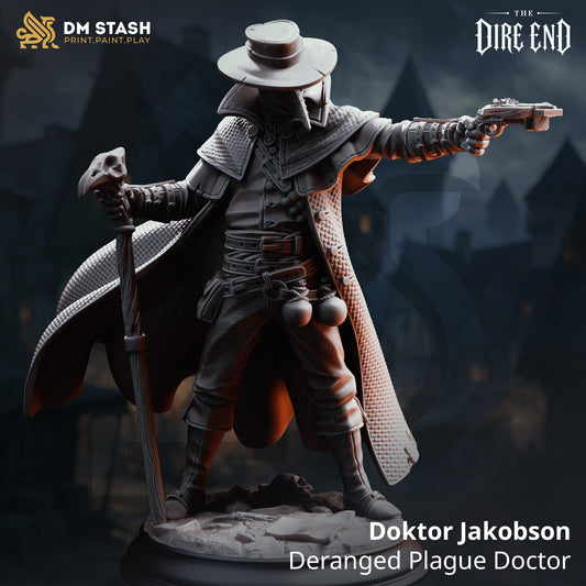 3D-printed resin miniature of a plague doctor holding a pistol and a skull-topped staff, standing on a detailed stone base
