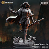 Front view of Erina, a human sword fighter miniature in grey resin, standing on a decorated base with a sword and magic effect.